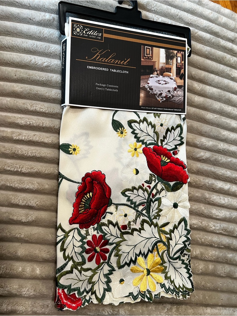 NEW  Kalanit embroidered floral 35”square tablecloth ivory red green yellow